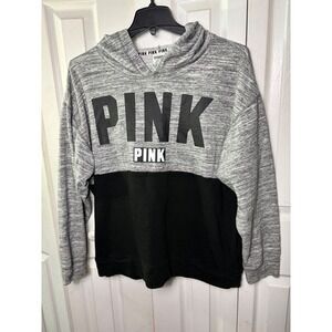 PINK Victoria's Secret Pullover Hoodie Sweatshirt Black Gray‎ Color Block Large